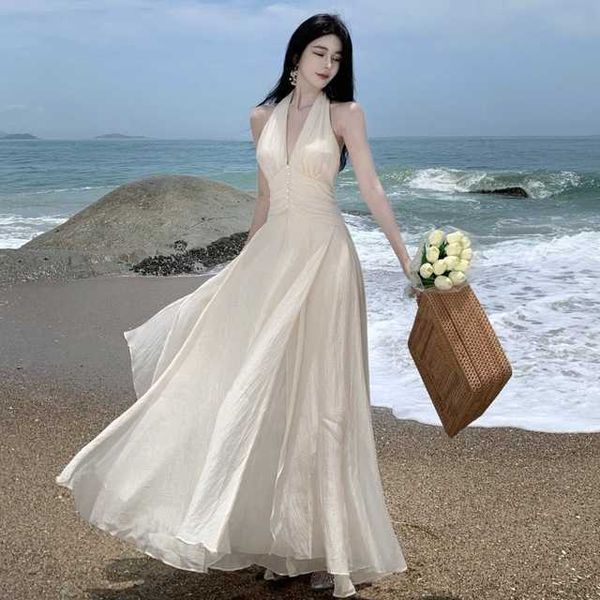 Ärmelloses Neckholder-langes weißes Maxikleid für den Sommer, elegant, enge Taille, V-Ausschnitt, Strandkleid, Robes du Soir, Abendkleider, Hochzeit, Abschlussball