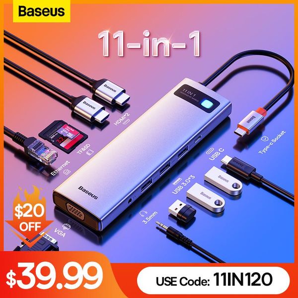 Hubs Baseus USB C Hub para HDMicompatible VGA USB 3.0 Adaptador 9/11 em 1 Dock de cubo do tipo C Tipo C para MacBook Pro Air PD RJ45 SD Card Reader