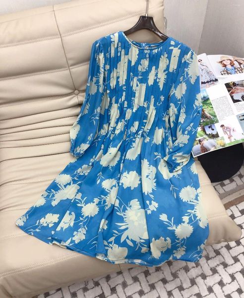 Vestidos casuais seda de alta qualidade estampada floral dobra dobra de manga longa vestido de verão solto