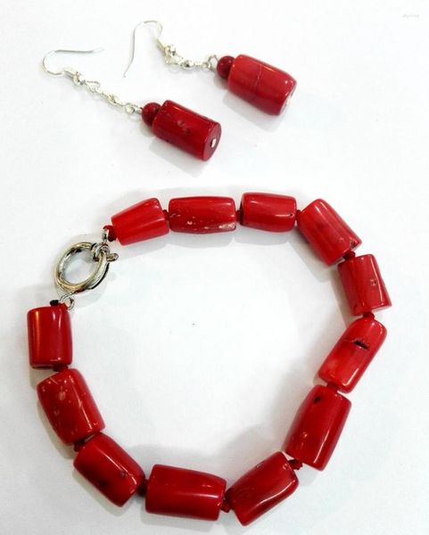 Halskette Ohrringe Set Frau Schmuck natürliche rote Koralle Perle Zylinder Armband baumeln Haken Ohrring