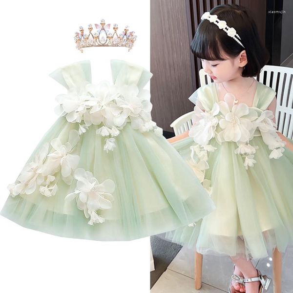 Mädchen Kleider Sommerkleid für Baby Mädchen dreidimensionale Blume Mesh Fee Hosenträger grün Geburtstag Party Prinzessin