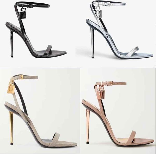Tasarımcı sandaletler Asma kilit sandalet topuklu ayakkabılar ayak bileği kayışı metal topuk Yaz toms- yüksek topuklu kadın ayakkabıları düğün gelin elbisesi pompa kutusu EU35-44 ile açık sivri burun