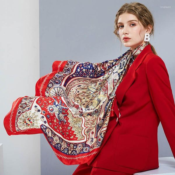 Lenços impressam os xales de lenço quadrado de seda natural Mulheres vermelhas bandana moda falard femme grande puro lenço de cabeça real 108x108cm