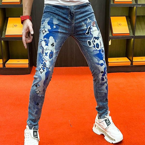 Jeans masculinos 2023 Spring Print Pernela Slim Fit Fashion Fashion Korean High Quality Trend Pantided Calças Erkek Jean Pantolon