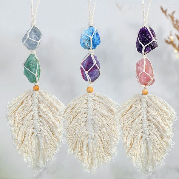 Portachiavi Cristallo grezzo naturale Quarzo Pietra grezza Tessuto Dreams Catcher Leaf Shape Car Hanging Pendant Healing Window Ornament Decoration