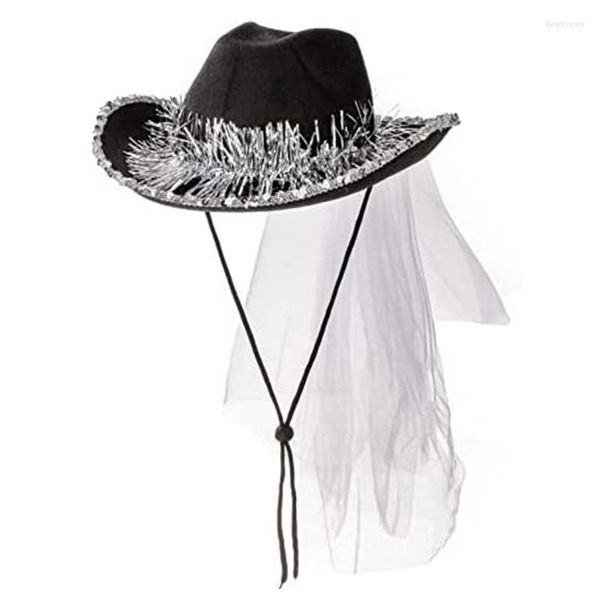 Berretti Cappello da cowboy da sposa con velo Addio al nubilato Cowgirl Wedding