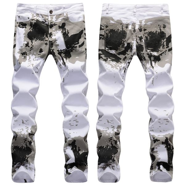 Мужские джинсы Мужские высококачественные отпечатки белые джинсы стройные джинсовые брюки камуфляжные джинсы улицы модные джинсы брюки 230529