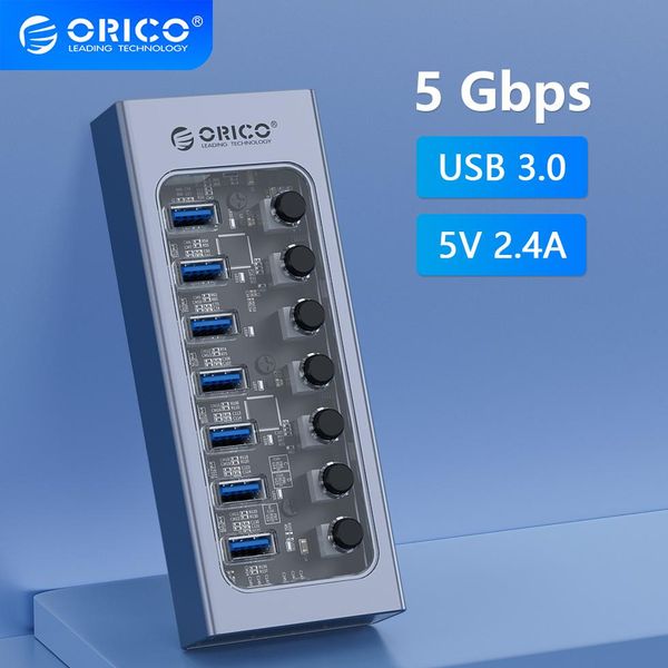 Hubs Orico Powered USB -концентратор с разрывистыми сплиттером с Multi USB 3.0 Port Pllot Pllot Pllot Adage Adapter Power Stripter Adapter для PC Ноутбук