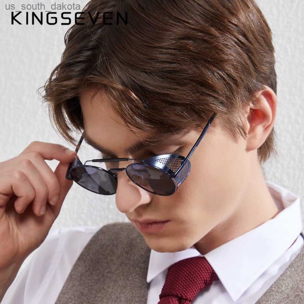Güneş gözlüğü Kingseven moda gotik steampunk güneş gözlüğü kutuplaşmış erkekler kadın marka tasarımcısı vintage yuvarlak metal çerçeve güneş gözlükleri gözlük L230523
