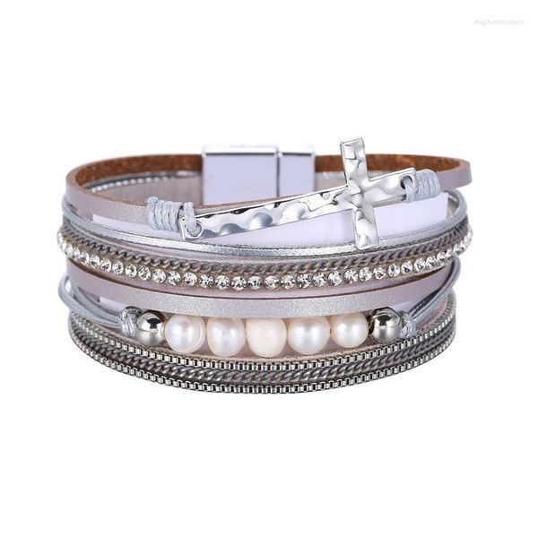 Pulseiras de couro de pulseira para mulheres pérolas de strass de cristal charme de metal de largura jóias de pulseiras multicamadas