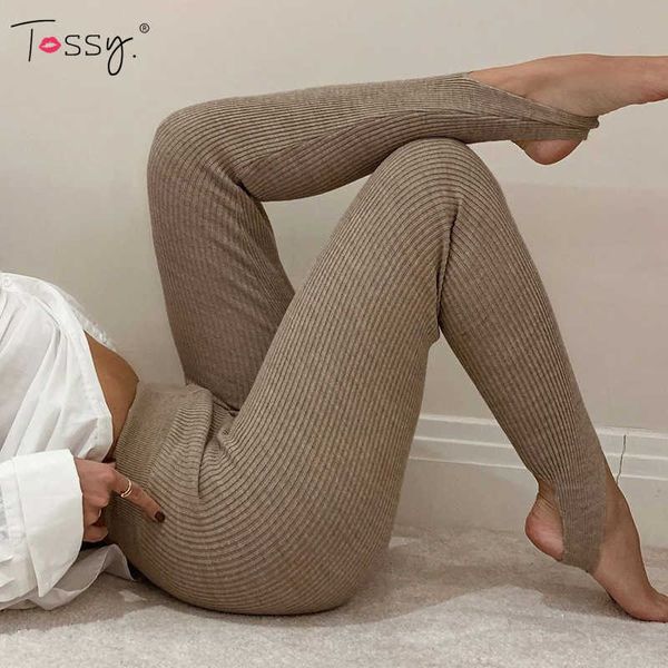 Pantaloni da donna Capris Tossy Leggings in maglia a costine beige Pantaloni da donna in cotone a vita alta Fitness Casual Primavera New Leggings skinny da donna all-match J230529