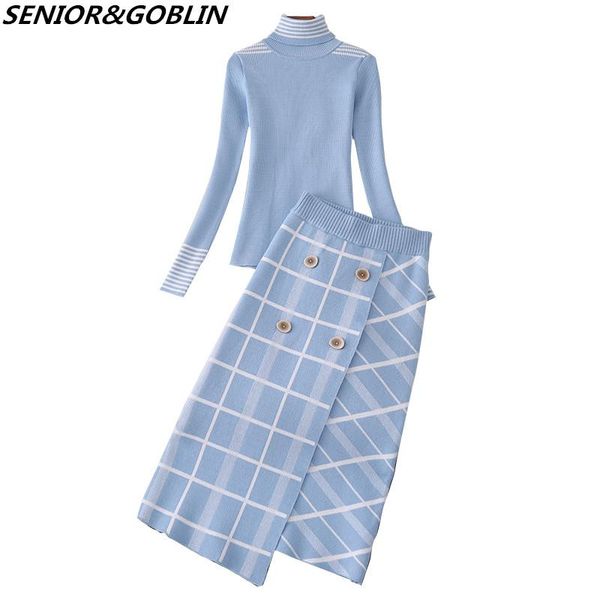 Vestido 2020 outono topo marca designer senhora twinset feminino camisola saia conjunto de duas peças inverno alta pescoço de malha superior + saia xadrez terno conjuntos