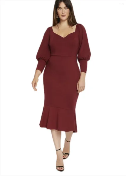 Artı boyutu elbiseler zarif yaz bahar uzun kollu parti elbisesi kadın şarap kırmızı fırfır süs kılıfı kadın büyük midi 7xl