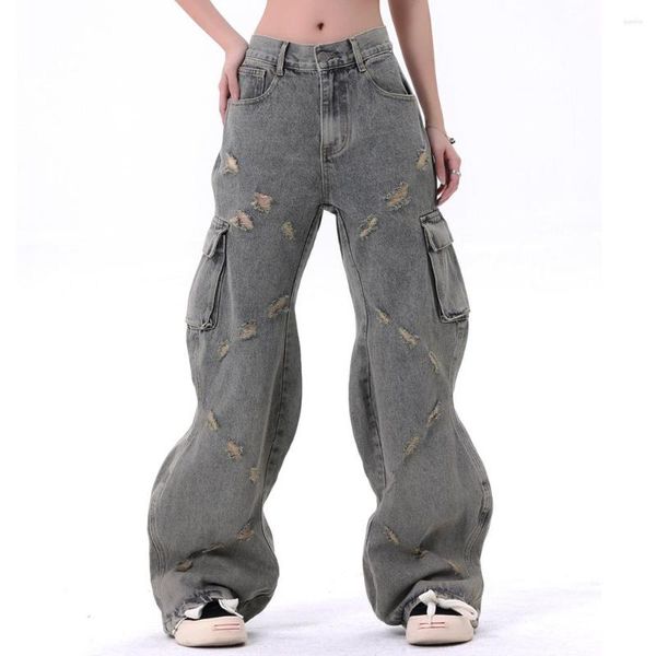 Jeans masculinos Hip Hop Man Twisted Wave Lines Spliced ​​Hole Bolset