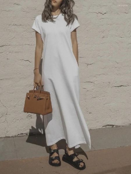 Vestidos casuais mulheres vestido de verão branco estilo minimalista sem mangas básico o pescoço enrolado longo senhoras midi robe 2023