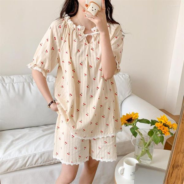 Женская одежда для сна корейская милая вишня хлопковая пижама набор летние шорты повседневная ночная одежда 2 абрикоса домашний костюм S213