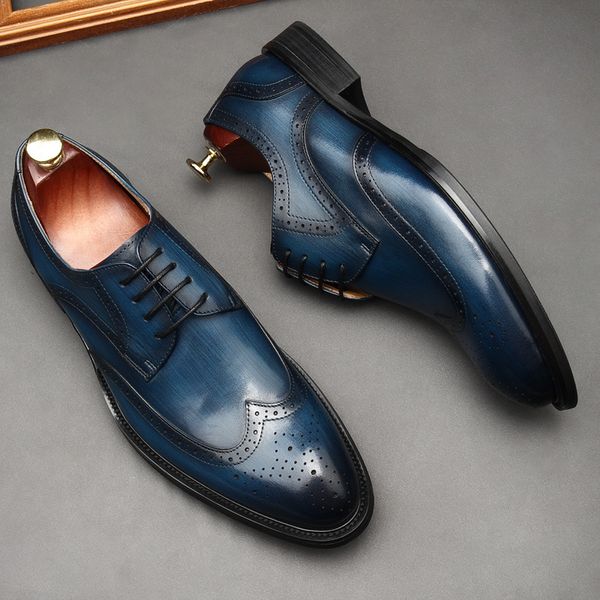 Luxo masculino Oxford Sapatos de couro genuíno Black Blue Classic Shoes Brogue Lace Up Dress Wedding Office Business Men Shoes