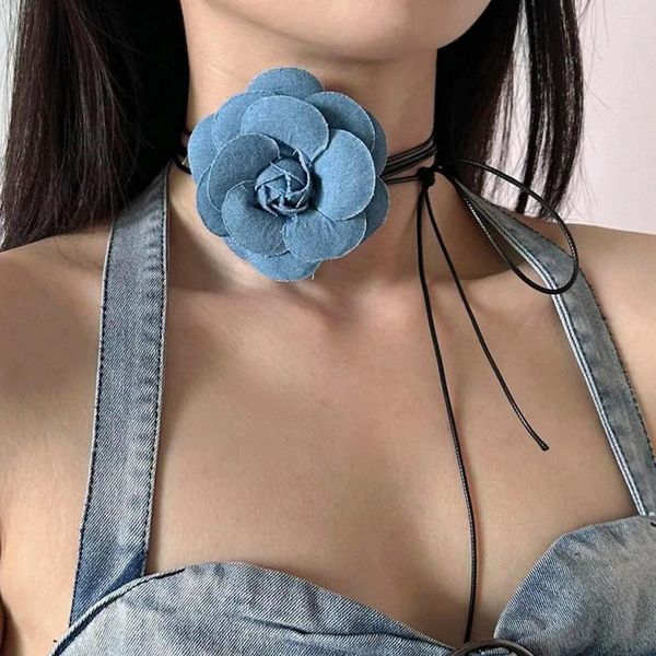 Halsband Vintage Denim Floral Halsketten Faden mehrschichtige Schnürung Design Rose Blume für Frauen Mädchen Party Sommer Halsschmuck