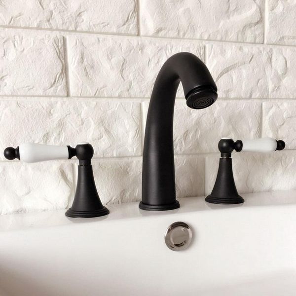 Rubinetti per lavabo da bagno Rubinetti per miscelatore per lavabo in ottone lucidato a olio nero Diffuso Miscelatore per lavabo a doppia maniglia Rubinetto per lavabo a 3 fori montato sul ponte Ahg057