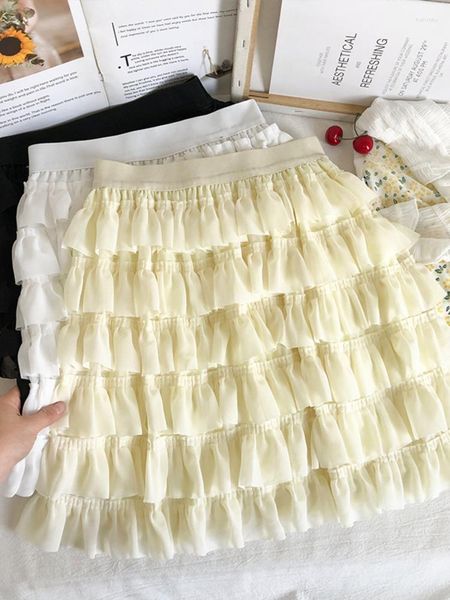 Saias de verão Sweet Cakee Short Chiffon Skift Fairy A-Line Mini Fungas Camada bege branca preta