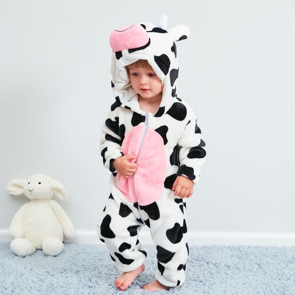 Roupas de bebê caem e inverno quente flanela macacão macacão de vaca modelagem de animais de pijama crianças escalam roupas