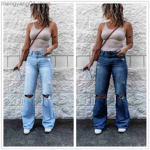 Jeans da donna 2022 Primavera Nuove donne Vita alta Vintage Strappato Boot Cut Jeans Street Casual Slim Denim Pantaloni svasati S-2XL Drop Shipping T230530