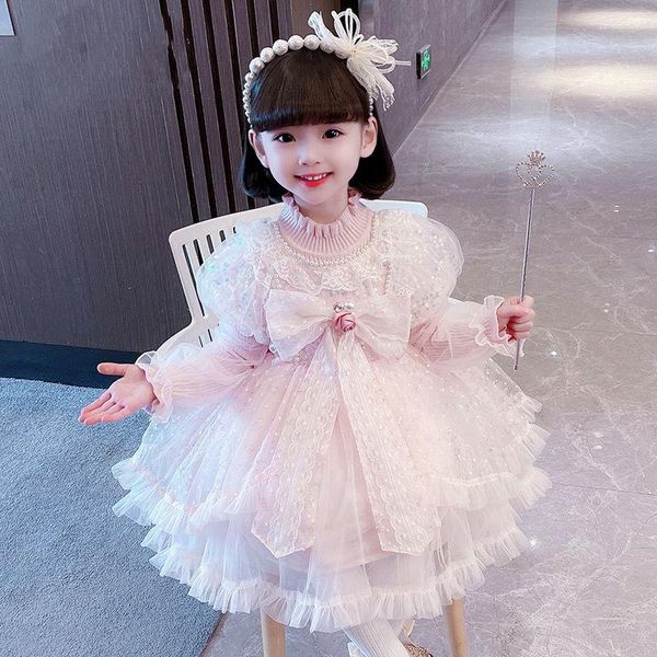 Mädchen Kleider Herbst Kinder Kleid Koreanische Perlen Net Garn Spitze Hülse Baby Mädchen 3-8Year Kinder Kleidung Rosa 3-8Y