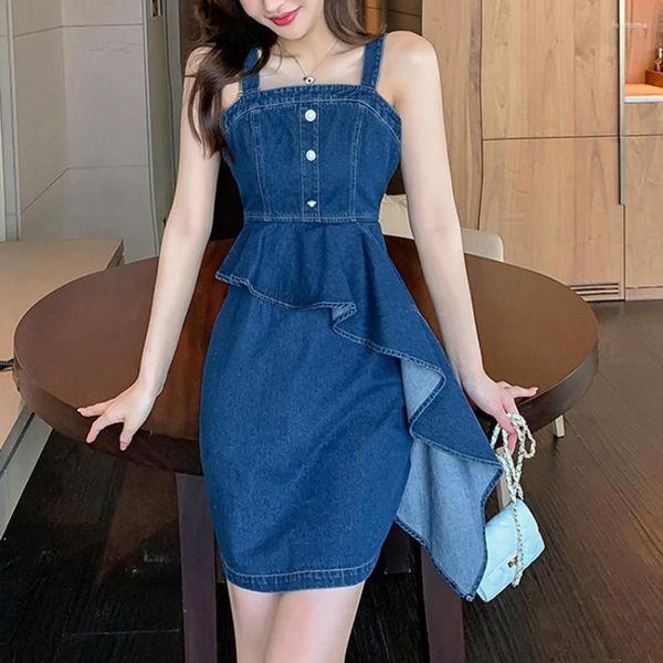 Sıradan Elbiseler Kadın Denim Sundress 2023 İlkbahar Yaz Kolsuz Spagetti Strap Elbise Korean Moda Fırıltı Mini Kot