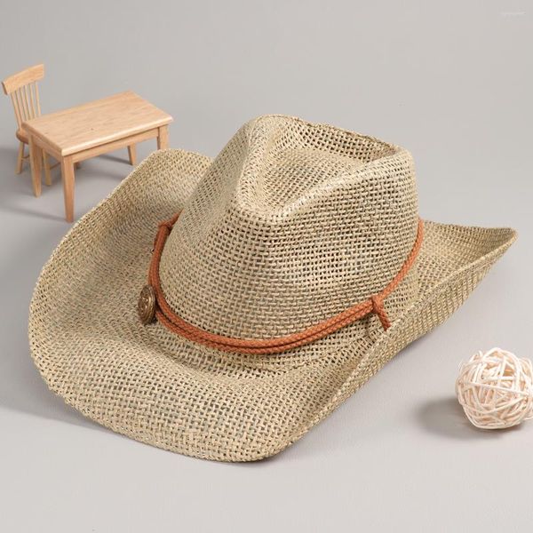 Berets 1 PC Cowboy Strawhat mit Wind Lanyard Khaki im Freien atmungsaktive Weitkrempe Casual Beach Hut Sonne für Frauen