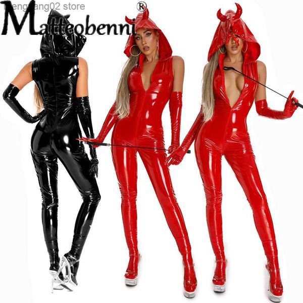 Sexy Women Women Women Sexy Latex Hooded Machonete Pvc Faux Leather Wetlook Catsuit Hot Exotic vem Pu Lingerie Body Suit Clubwear Macles T230530