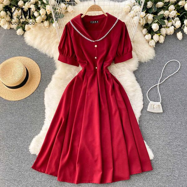 Vestidos casuais elegantes franceses lisos verão decote em V vestido midi manga curta regata feminina vermelha festa P230530