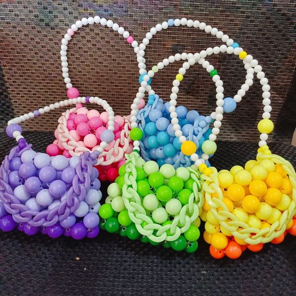 Borsette Mini borsa per bambini Cute Candy Color Little Girls Bead Tote Borsa a mano Kawaii Baby Coin Pouch Box Toddler Party Wedding Handbag 230530