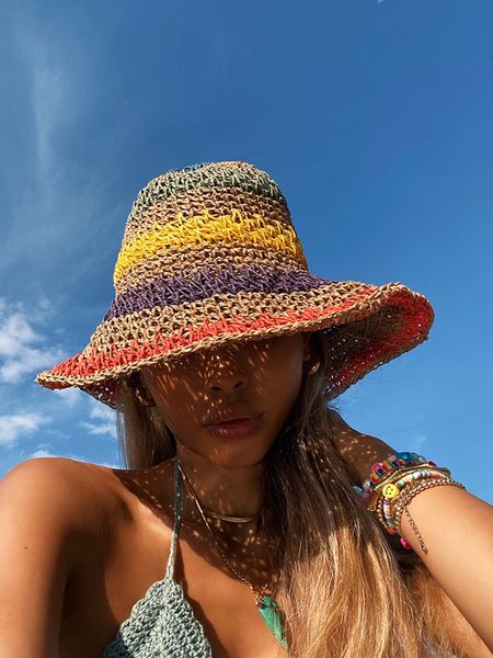 Chapéus de aba larga Chapéus de balde Mulher palha de sol arco -íris listrado de crochê listrado praia boho chapéu de peixe panamá 230529