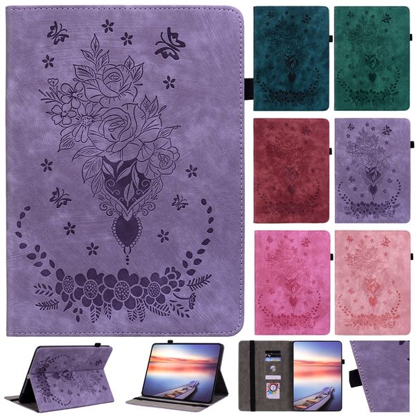 Custodia a portafoglio in pelle moda per Samsung Tab S7 + 12.4 A8 10.5 A7 Lite 10.4 S7 S8 S6 Lite T290 T295 A T510 T515 Retro Imprint Butterfly Flower ID Card Slot Holder Flip Cover Pouch