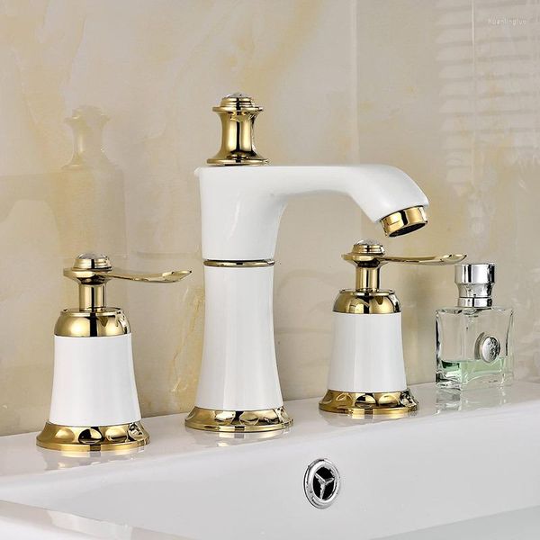 Rubinetti per lavabo da bagno Rubinetto per lavabo Diffuso con doppia maniglia in ottone bianco e oro