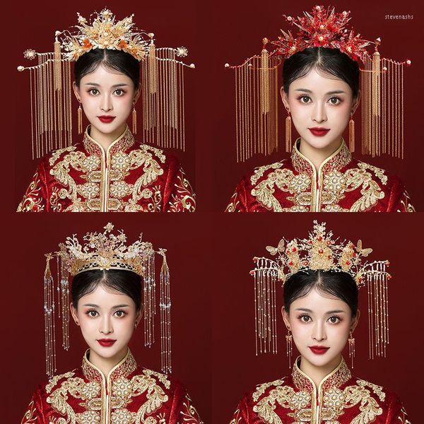 Haarspangen Chinesische Braut Kopfschmuck Traditionelle Hochzeit Krone Kamm Haarnadeln Set Bräute Costoume Xiuhe Zubehör Stirnbänder