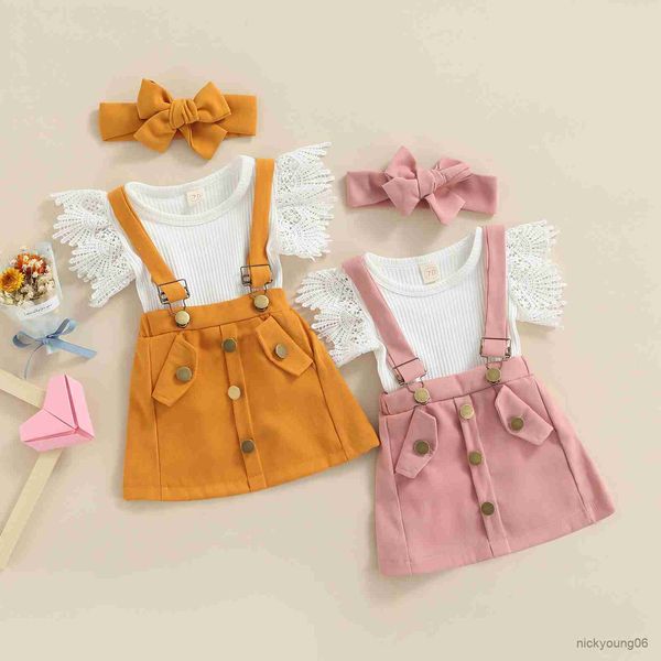 Completi di abbigliamento Neonata Vestito estivo per bambina Pagliaccetto a costine con maniche volanti bianche e fascia per gonna con bretelle in tinta unita