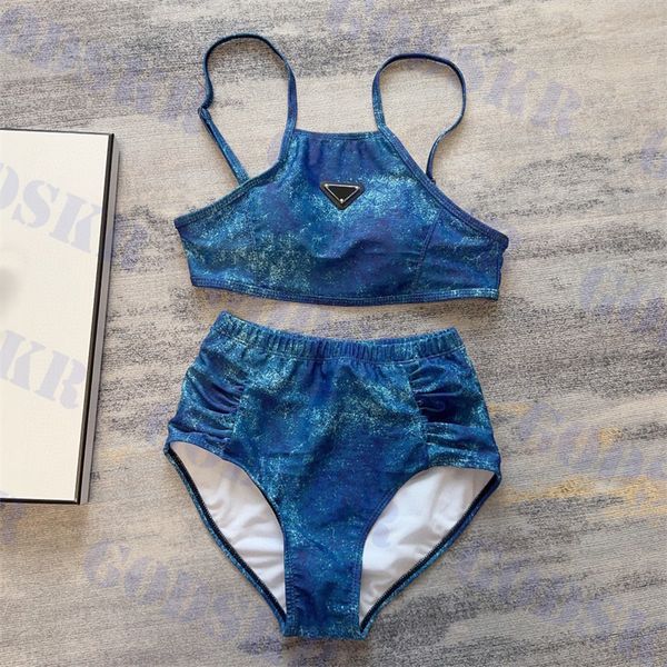 Costume da bagno emblema triangolo bikini blu alla moda per le donne estate nuovo costume da bagno a vita alta