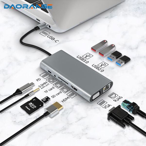 Hubs 11 в 1 USB C 3.0 Type Type C Adapter для 4K HDMICATAIBLE VGA RJ45 LAN ETHERNET SD/TF CARD 87W PD Splitter Splitter