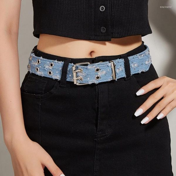 Cintos de projeto de design angustiado com fivela dupla para feminino de jeans de jeans decors