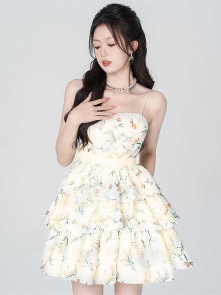 Sommer Derss 2023 Dünne Kawaii Prinzessin Minikleid Frauen Japanischen Ärmellose Süße Mädchen Blumen Kleid Casual Koreanische Kleidung