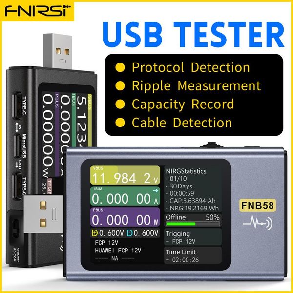 FNIRSI-FNB58 Tester USB Voltmetro Amperometro TIPO-C Rilevamento rapido della carica Misurazione della capacità di attivazione Misurazione dell'ondulazione