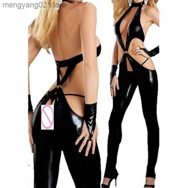 Seksi Set Seksi Wetlook Sahte Deri Catsuit Pvc Lateks Bodysuit Lingerie Açık Kasık Küpe Fetiş Sıcak Erotik Kutup Dans Pu Vücut Takım T230530