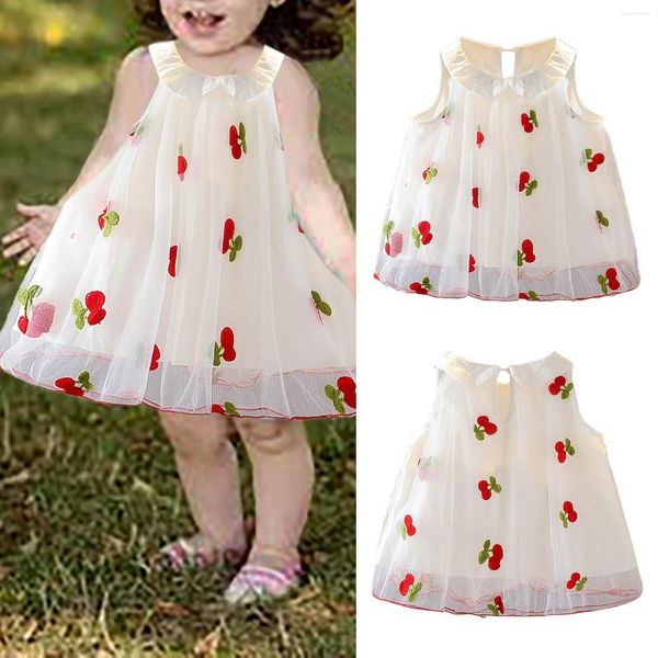 Mädchen Kleider Sommer Baby Mädchen Weiß Mode Mesh Kirsche Drucken Ärmellose Weste A-linie Kleid 6 Jahre alt Gestreiften T-shirt