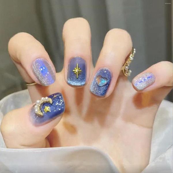 Falsche Nägel, blauer Aurora-Strass, Fake mit Stern-Mond-Designs, tragbar, glänzend, glitzernd, Katzenaugen, zum Aufdrücken auf kurze Nagelspitzen