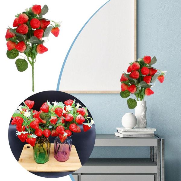 Flores decorativas penduradas guirlanda de guirlanda plantas de floração artificial 2pcs Decoração de arranjo floral de morango para caules para