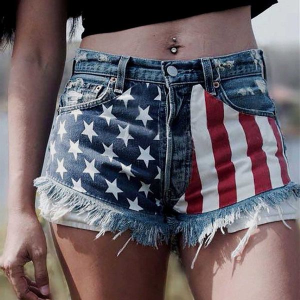 Shorts femininos Summer American Flag Impresso Jeans rasgados Jeans High Surmas de cintura P230530