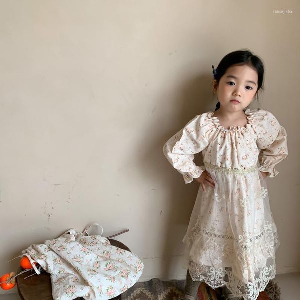 Vestidos de menina hetiso 2023 outono meninas vestidos coreanos rendas florais vintage com malha de avental 2 peças terno infantil a 7