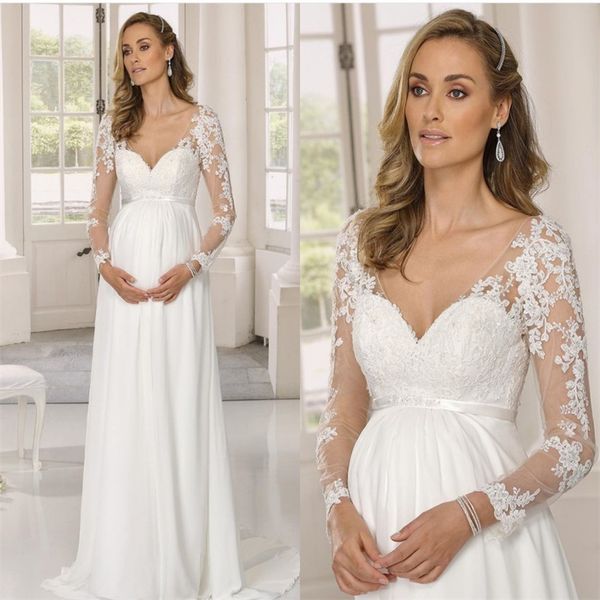 Boho Schwangeres Hochzeitskleid 2023 Chiffon Einfache Bohemain-Spitze-Brautkleid Langarm Sexy V-Ausschnitt Civil Country Bridal Mairee Vestidos De Novia Beach abito da sposa