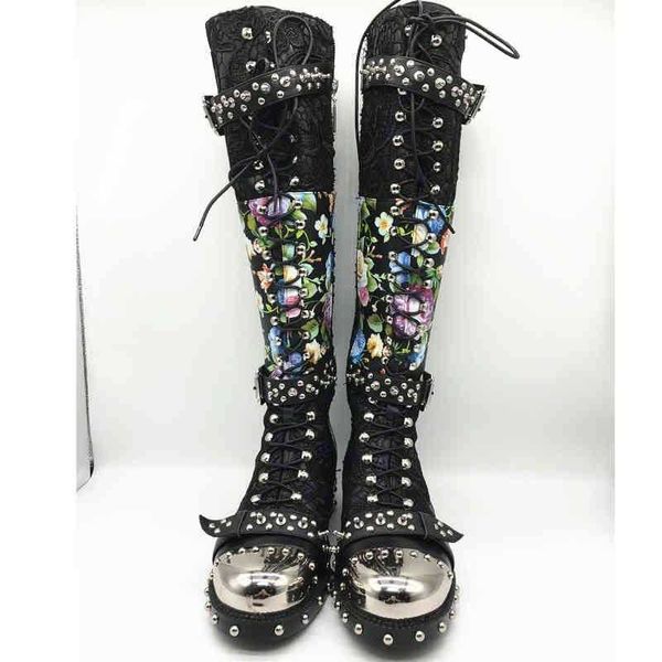Boots perçinler çivili toka diz yüksek kadın işlemeli deri baskı çiçek düz motosiklet kış ayakkabıları kadın 220901